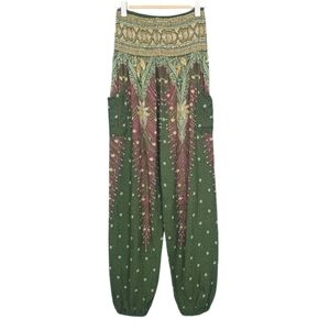 Vintage Harem Paisley Print Pants Stretchy Cozy Boho Hippie Green Baggy S